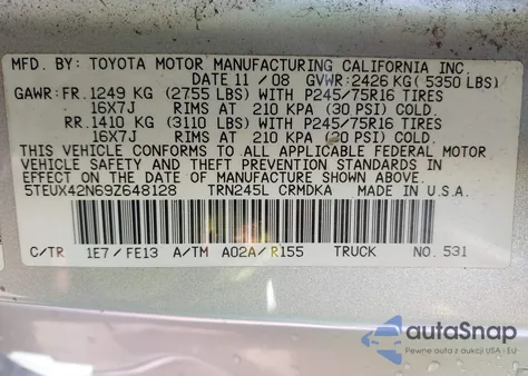 2009 Toyota Tacoma z USA, uszkodzony, nr VIN 5TEUX42N69Z648128